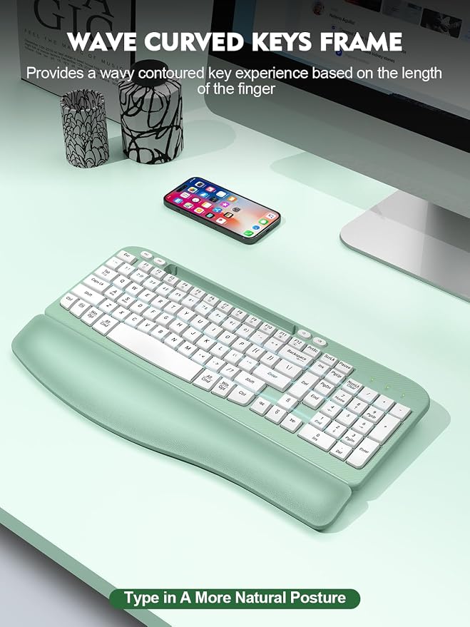 EAYBLLY 2.4G Wireless Ergonomic Keyboard, Full Size Wave Keys with Memory Foam Wrist Rest & 7.28in Phone Holder, USB-C Adapter Included for Windows Mac Chrome OS, Office or Home (Mint Green) - Image 6