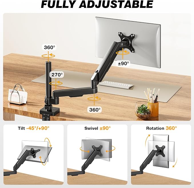 Single Monitor Stand & Monitor Arm Desk Mount up to 35 Inches | Fully Adjustable Heavy Duty Monitor Mount for Screen Ergonomic VESA Mount with C-Clamp/Grommet Base, Cable Management - Image 3