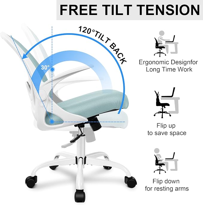 Office Chair Ergonomic Desk Chair with Adjustable Lumbar Support and Height, Swivel Breathable Desk Mesh Computer Chair with Flip up Armrests for Conference Room（Light Blue） - Image 5