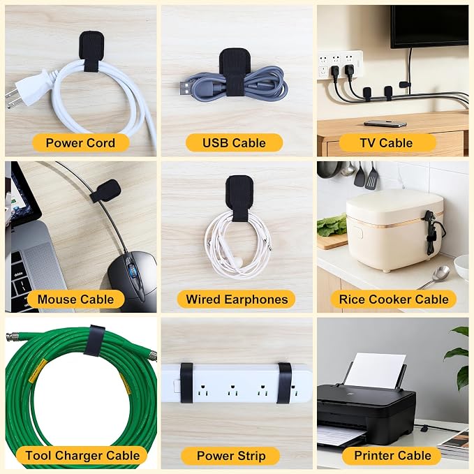 SummerBrite 56-Pack Self Adhesive Cable Straps, Heavy Duty Hook & Loop Ties with Strong Sticky Backing, Reusable Under Desk Cable Management Wire Organizers for Home Office PC, Black - Image 7