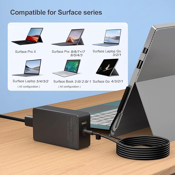 65W Surface Pro Laptop Charger for Microsoft Surface Pro 11,10, 9, 8, 7+, 7, 6, 5 Surface Laptop 5 Studio 4 Go 3 2, Surface Book 3 2 1, Surface Go Tablet, Support 36W, 44W - Image 4
