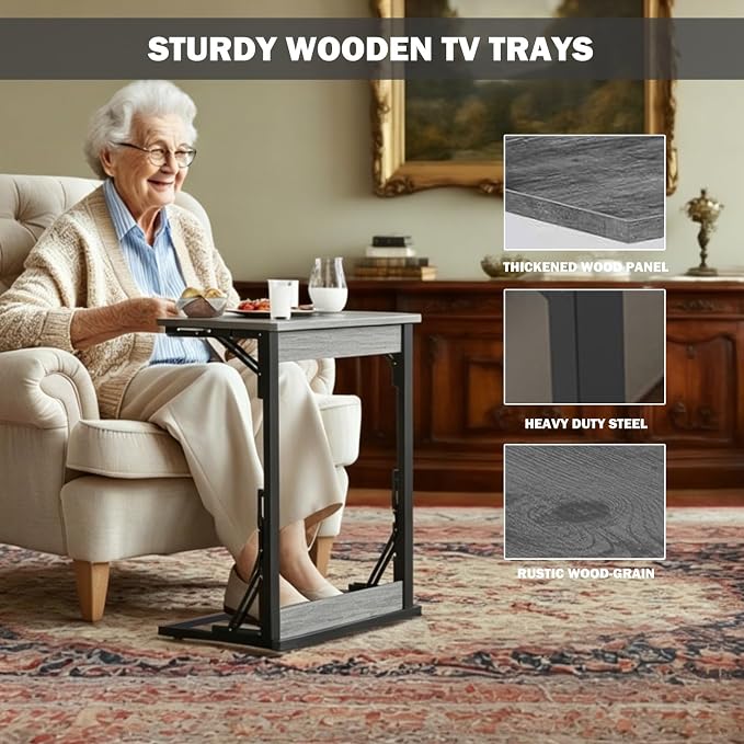 Folding TV Trays Set of 2, Adjustable Height TV Trays for Eating on Couch | TV dinner tray table with tablet&phone slots,c shaped end table,laptop desk for sofa,bedside,recliner,dining,working,gaming - Image 6