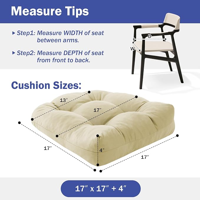 IPYNBAP Outdoor Chair Cushions Set of 2, Patio Chair Cushions with Ties, 17x17+4” Tufted Outdoor Seat Cushions, Waterproof Patio Furniture Cushions, Outdoor Dining Chair Pads, Beige (Pack of 2) - Image 4