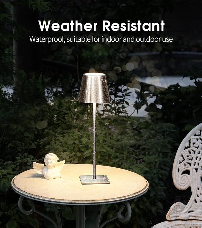 UME Cordless Table Lamp, Battery Operated Lamp - Portable Waterproof Rechargeable Table Lamp w/ 3 Color Temps & Stepless Dimming for Dinner, Desk, Cafe, Outdoor (Brushed Silver) - Image 4