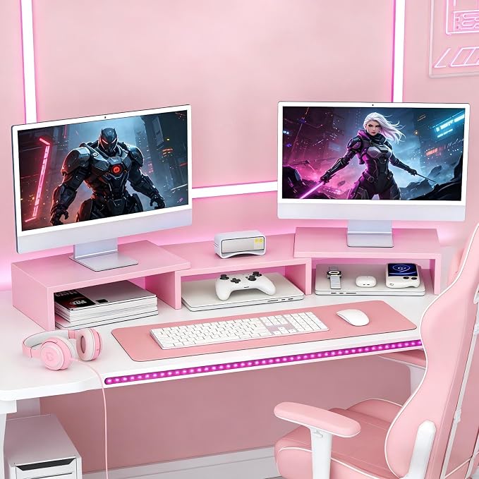 Desk Organizers and Accessories, Dual Monitor Stand Riser, Monitor Desk Shelf for Desktop Organization (Pink) - Image 7