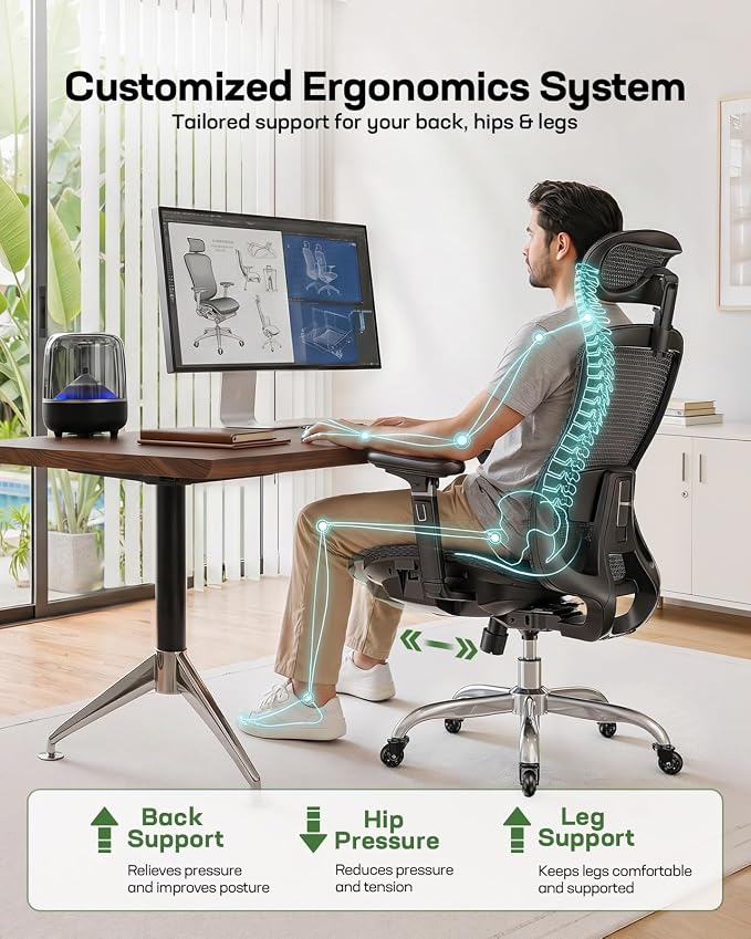 Marsail Big and Tall Mesh Ergonomic Office Chair with 6D Armrests, 3 Pack | 6-level lumbar support, sliding seat depth, high-elastic mesh seat, 3D headrest, 5-position recline, adjustable seat height - Image 4
