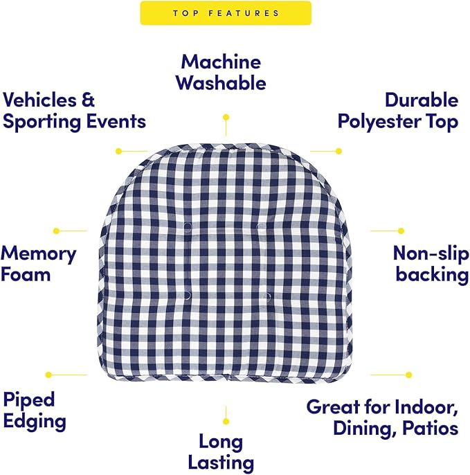 Sweet Home Collection Chair Cushion Memory Foam Pads Tufted Slip Non Skid Rubber Back U-Shaped 17" x 16" Seat Cover, 2 Count (Pack of 1), Checkered Navy/White - Image 5