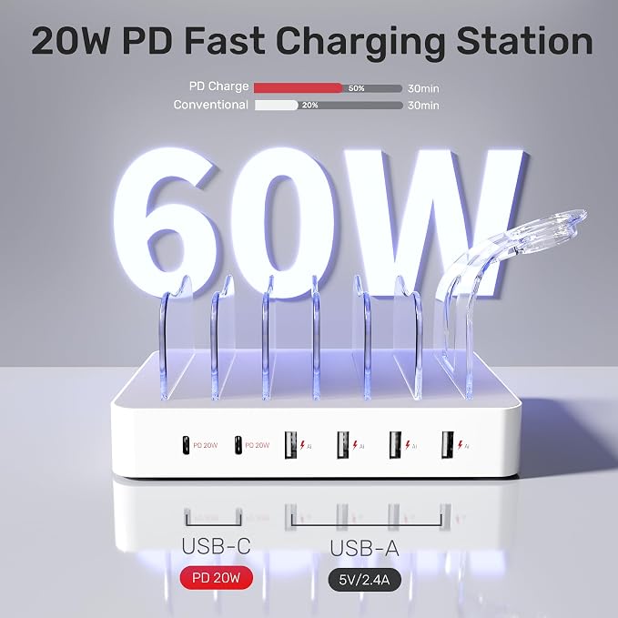 Unitek Multi USB C Charging Station, 6 Port Charger Organizer Dock with PD | Family Charging Dock for Multiple Devices, Support PD Fast Charging Compatible with iPad, iPhone, Android, Tablet and More - Image 2