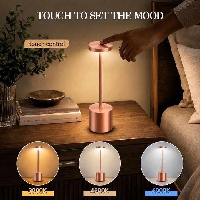 AUDLES Cordless Table Lamp, 5000mAh Rechargeable Lamp with Touch Control & Stepless Dimming, 3 Light Modes, IP54 Waterproof Portable Light for Dining Table, Patio, Bathroom, Power Outage (Rose Gold) - Image 3