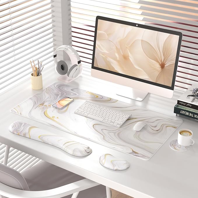 QIYI PU Leather Desk Mat Set, 4-in-1 Ergonomic Wrist Rest, White Marble | Waterproof Large Mouse Pad 31.5×15.7 + Keyboard Wrist Rest + Mouse Wrist Support+Coaster, Non-Slip Office Gaming Accessories - Image 2