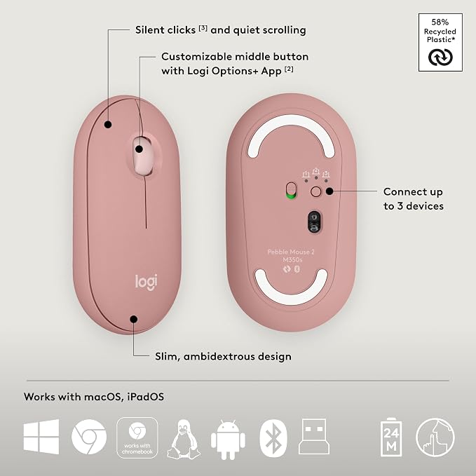 Logitech Pebble 2 Combo Wireless Keyboard and Mouse Quiet - Tonal Rose | Quiet and portable, customizable, Logi Bolt, Bluetooth, Easy-Switch for Windows, macOS, iPadOS, Chrome - Image 7