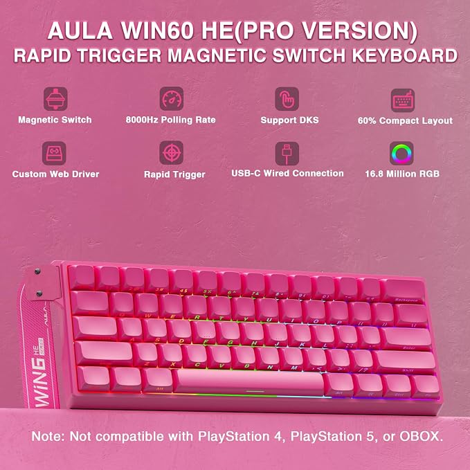 AULA WIN60 HE PRO 60% Mechanical Gaming Keyboard Wired, Magnetic Switch Hot Swappable, Adjustable Actuation Rapid Trigger Mode, 8000Hz Polling Rate, RGB Small Keyboard 60 Percent Compact Design for PC - Image 2