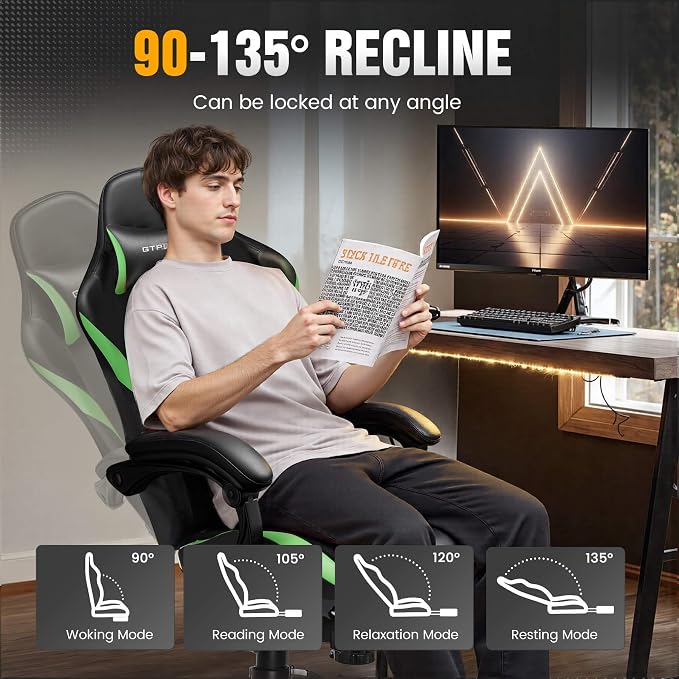 GTPLAYER Gaming Chair with Pocket Spring Cushion, Leather Office Chair with Ergonomic High Back & Lumbar Support for Back Pain Relief, Computer Game Chair for Adults, Grass Green - Image 7