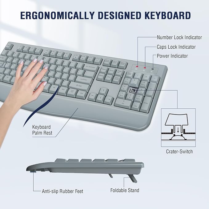 Wireless Keyboard and Mouse Combo, EDJO 2.4G Full-Sized Ergonomic Computer Keyboard with Wrist Rest and 3 Level DPI Adjustable Wireless Mouse for Windows, Mac OS Desktop/Laptop/PC(Grey) - Image 4