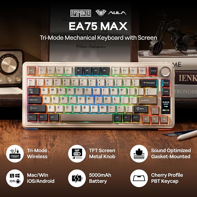 EPOMAKER X Aula EA75 MAX Wireless Gaming Keyboard with Screen & Knob | 5000mAh, Hot-Swap, Lubed Switches, RGB Backlit, Creamy Gasket, 75% Mechanical Keyboard (Retro White, Reaper Switch) - Image 2