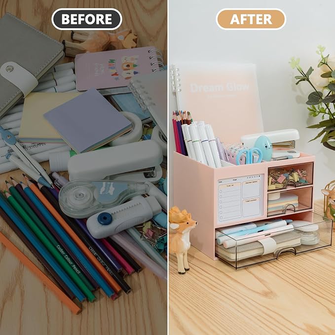 QIYVLOS Multi-Functional Desk Organizer with 3 Drawer and 8 Compartments, Pink - Image 3