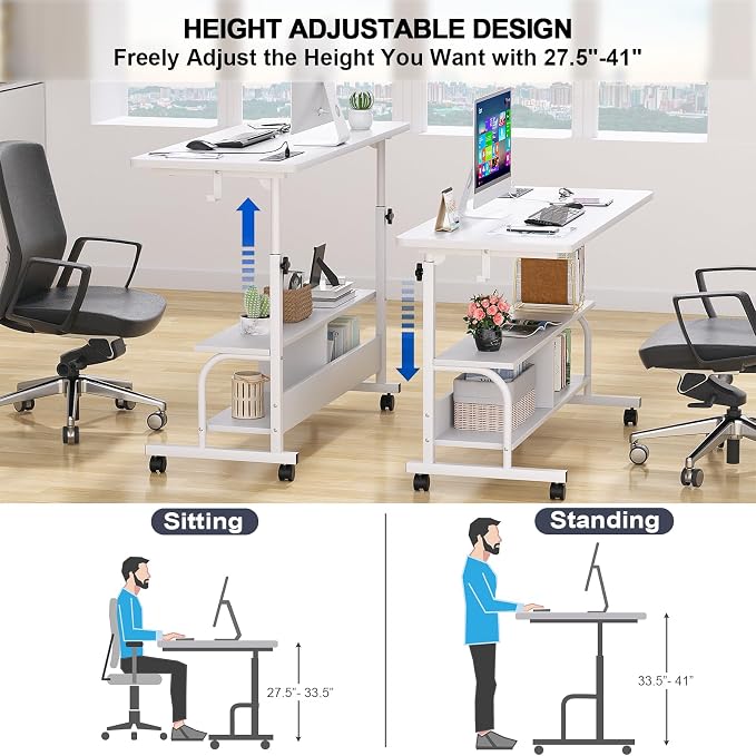 47" Rolling Standing Desk with Charging Station for Couch Bed | Height Adjust 27.5-41", 2 AC/3 USB, Mobile 4 Lockable Wheels, 2-tier Shelves Hook, Safe Corner Fast Assembly - Image 6