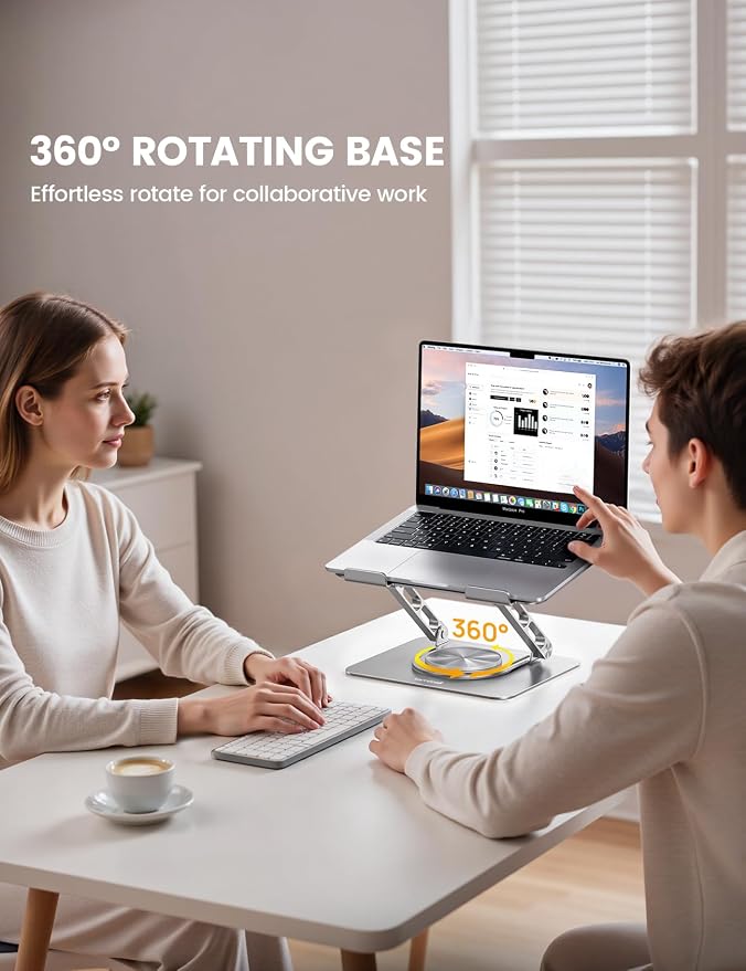 Lamicall Adjustable Laptop Stand for Desk 360° Rotating Base for 10-17.3'' | Aluminum Laptop Riser, Ergonomic Computer Stand Foldable Protable fits MacBook Neo Air Pro Dell HP Lenovo Office Home Sliver - Image 3