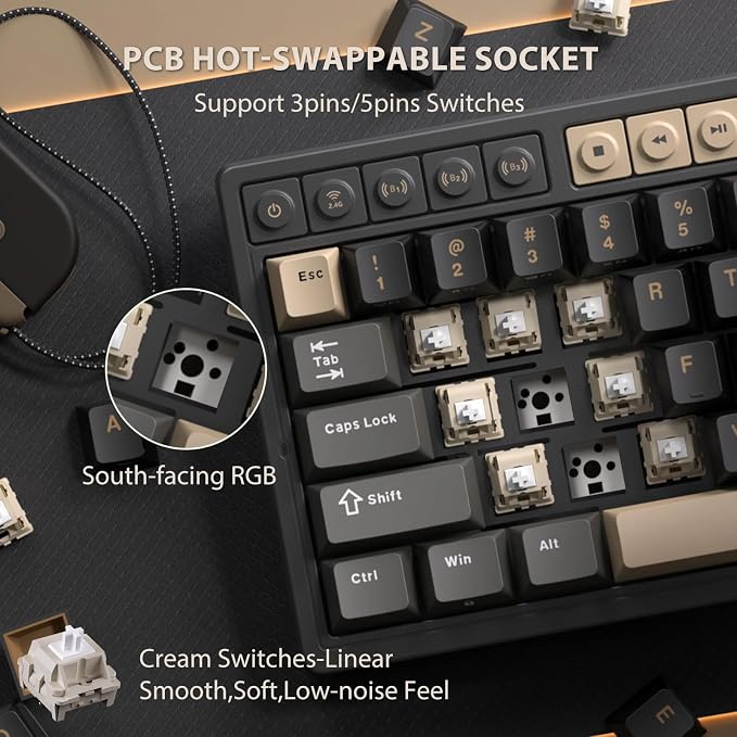 RK ROYAL KLUDGE M65 Wireless Gaming Keyboard with Volume Knob, 60% Hot Swappable Mechanical Keyboard 2.4G/BT/USB-C, Gasket Mount, Battery Display, PBT Keycaps, Hot-Swappable Cream Switch, Black - Image 6