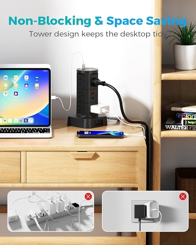 Charging Station Tower, Power Strips with Surge Protection, Flat Plug | Office Desk Supplies, Dorm Essentials, 6Ft Extension Cord with Multiple Outlets, 12 Outlets 4 USB Ports, 1875W/15A 1080J - Image 4