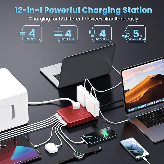 12-in-1 Charging Station USB C Power Strip with 5ft Cord,200W GaN IV USB C Charger Block,4 AC Outlets,8 USB for MacBook,iPhone 16/15/14,Fast Charging Desktop Charger for Office (Red) - Image 2