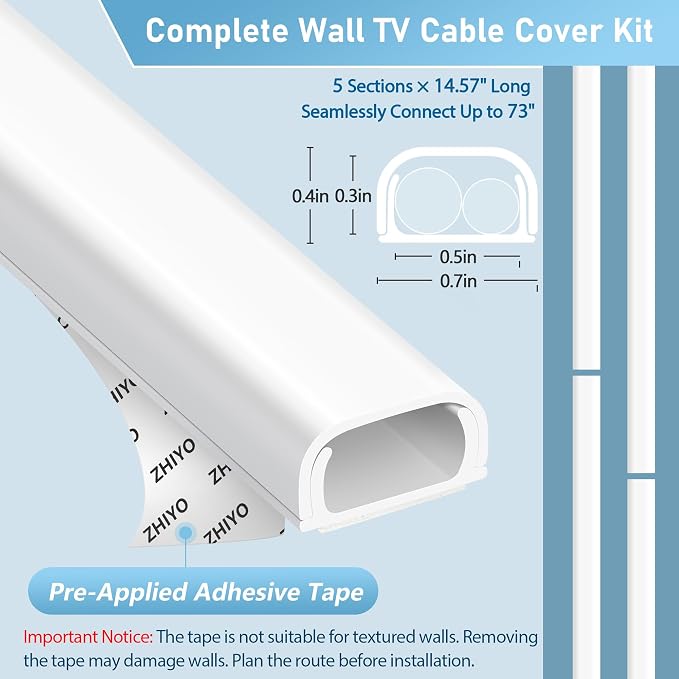 ZhiYo 73" Cord Covers for Wires on Wall, White Cord Hider, 0.7" W x 0.4" H | Fits 2 Cords, Premium Paintable Raceway for Wall-Mounted TV, Self-Adhesive Wire Hider for Extension Cords & Ethernet Cables - Image 3