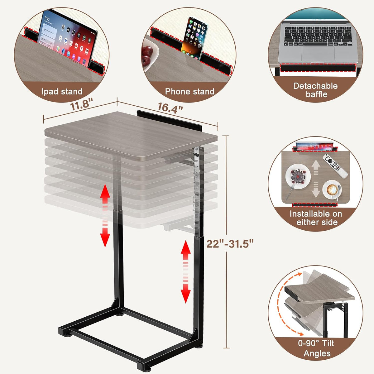 Upgrade Tv Tray Table Set of 2, 8-Level Adjustable Height Couch Side Table, 90° Tilt Angle Foldable C-Shaped End Table with Phone & Tablet Slot for Sofa, Bed, Chair Living Room (Lvory Gray） - Image 2