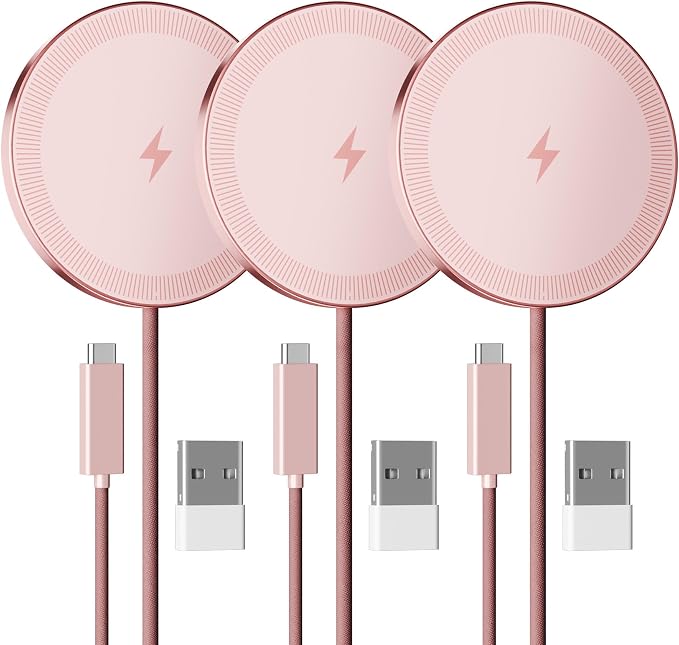 15W Wireless Charger for Apple MagSafe Charger, Magnetic Fast Charging Pad | Compatible for iPhone 17 16 15 14 13 12 Pro Max, AirPods-Slim Portable for Desk Bedside and Travel - 3 Pack, Pink by SMILESTATION