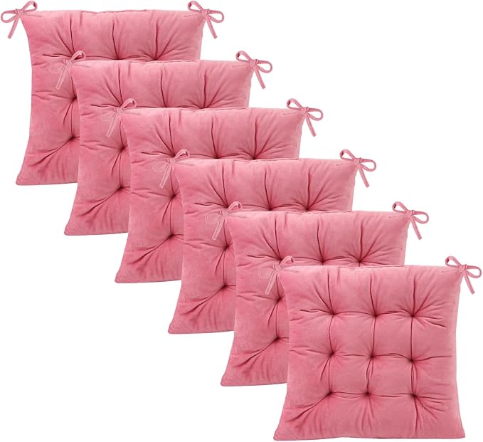 6 Pack Square Seat Cushion Chair Pads for Kitchen Dining Chairs, Soft Comfort Velvet Chair Mat Pillow Cushions with Ties for Office Desk Living Room Tatami 15.5", Pink by MissSoul