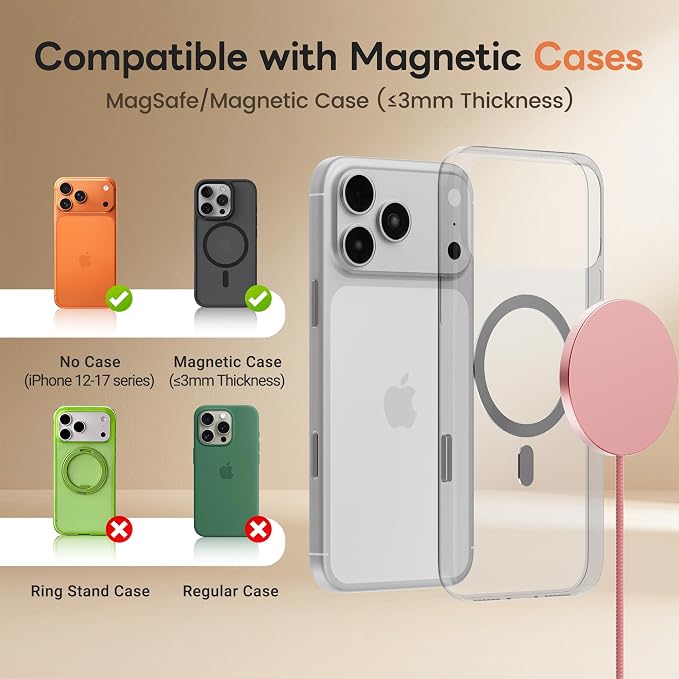 MagSafe 25W Magnetic Wireless Charger Fast Charging Pad for iPhone | Compatible with iPhone 17 17e 16 15 14 Pro Max Google Pixel 10, Slim Compact, For Desk Bedside Travel, Pink - 2Pack - Image 7