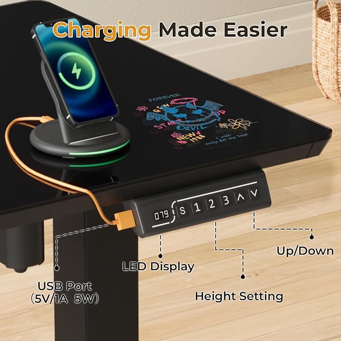 JOY worker Small Glass Standing Desk, 40" Electric Stand Up Desk on Wheels | 40" x 20" Black Height Adjustable Desk with Memory Controller & USB, Compact Computer Workstation for Home Office Walking Pad - Image 4