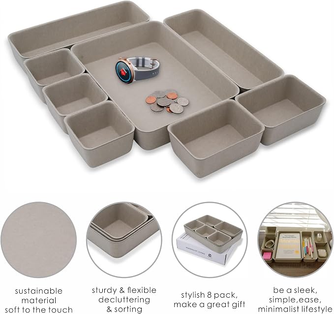 Office Felt Desk Drawer Organizer Tray 8pc Stone Natural Storage Bin | Sustainable material soft yet sturdy,multi-purpose storage, sleek minimalist lifestyle - Image 4