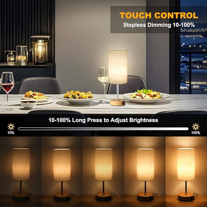 Small Table Lamp, 3CCT & 7 RGB Color Changing, Dimmable Nightstand Lamp with Wood Grain Base, Touch Bedsides Lamp for Bedroom, Office, Kids Room, Nursery, Party, Beige Shade - Image 4