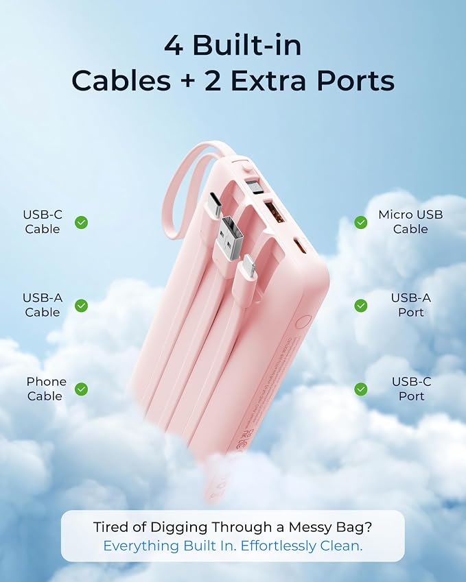 VRURC Portable Charger 20000mAh 4-Built-in-Cable Fast Charging Power Bank | Battery Protection,Flight-Approved,USB-C Cable,22.5W PD,Slim,Travel Essentials,Battery Pack for iPad,iPhone,Galaxy,Pink - Image 4