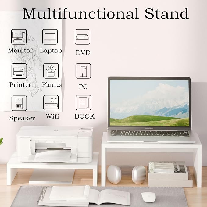 TEAMIX 2-Pack White Monitor & Laptop Stand Riser, High-Low Dual Monitor Set | Stacked/Separate Use, Adjustable Computer Stand for 2 Monitors, Holds 80Lbs, Wood Desk Organizer, for Home Office, Gaming - Image 5