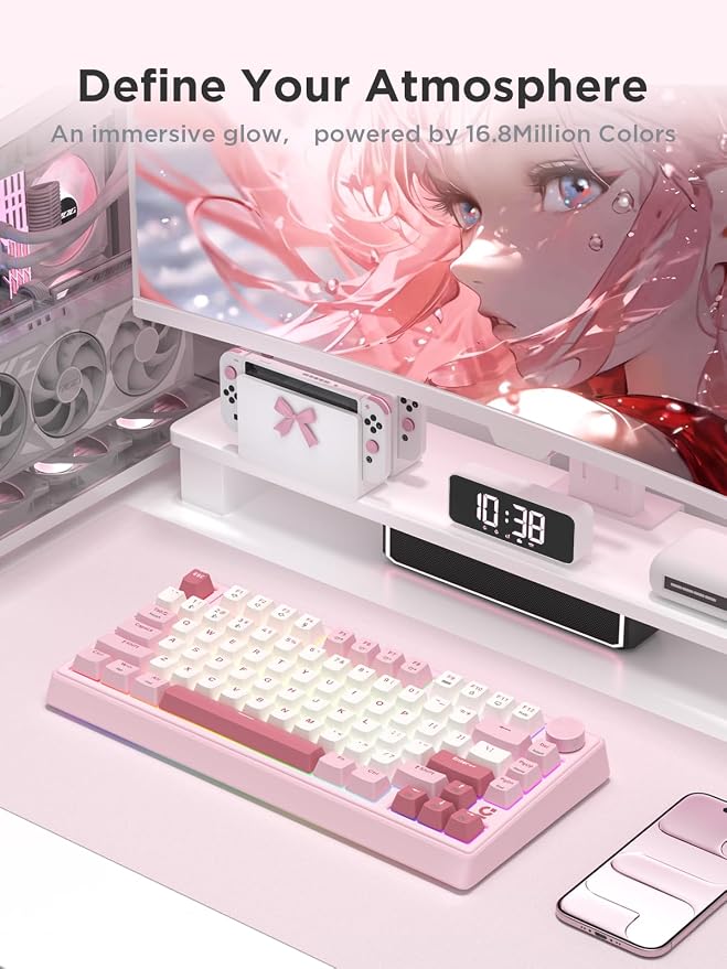 wegear 75% Compact Mechanical Keyboard with Knob for PC/Mac/Laptop-Pink | Hot-Swappable Linear Switch, Tri-Mode Bluetooth/2.4G Wireless/USB-C Wired, Gasket Gaming Keyboard, PBT, RGB Backlit, 79 Keys - Image 7