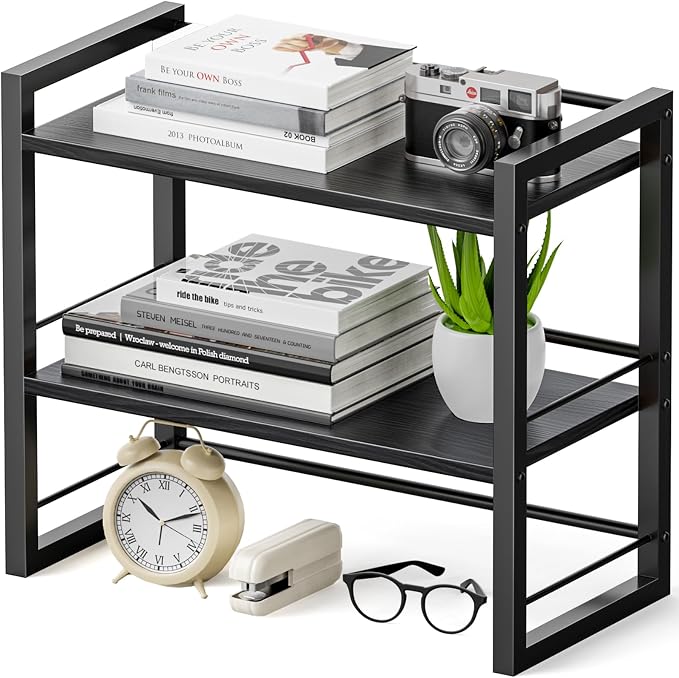 Office Desk Shelf Organizer, Wood Desktop Bookshelf Supplies Storage Rack, Shelf for Top of Desk and Dresser (Pure Black-2 Tier) by ART-GIFTREE