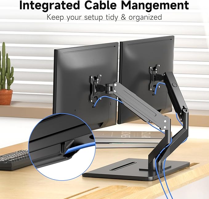 suptek Dual Monitor Mount Gas Spring Monitor Arm Desk Stand with Base,Free Standing Pneumatic Height Adjustable Monitor Stand for 17 to 34 inch,Holds up to 24.25 lbs,Black(ML8SPX) - Image 5