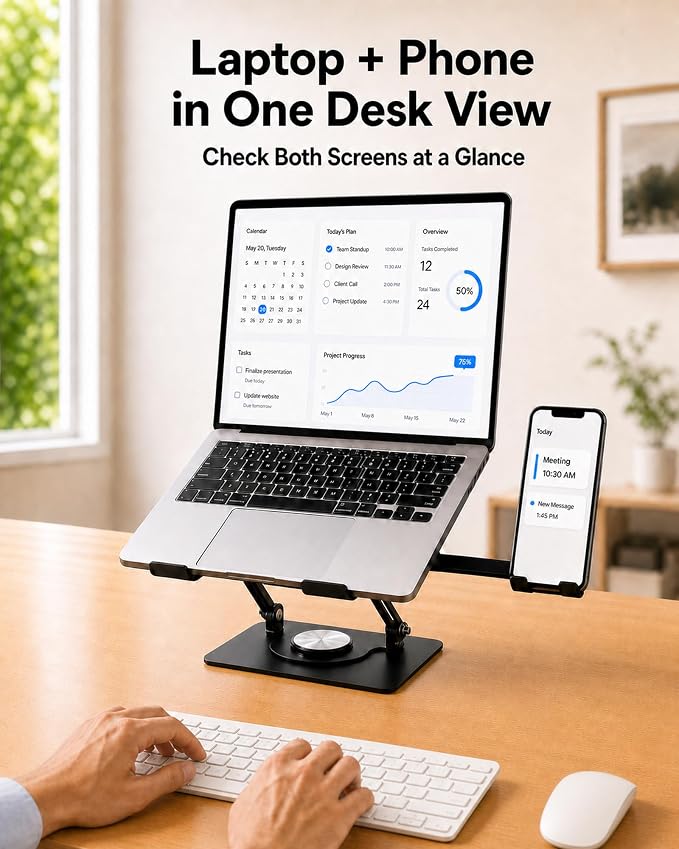 2-in-1 Laptop Stand with Phone Holder, 360° Swivel Laptop Riser for Desk | Fits 10-16 Inch Laptops, Height and Angle Adjustment, Carbon Steel Frame, Silicone Contact Pads, Fold-Flat Storage, 1 Pack - Image 2