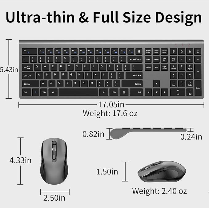 Wireless Keyboard and Mouse Combo, Slim Silent Full Size Computer Keyboard | with Calculator Button, Sleek Design, Long Battery Life, USB Receiver, Quiet Optical Mouse 6 Buttons, for Laptop PC - Gray - Image 8