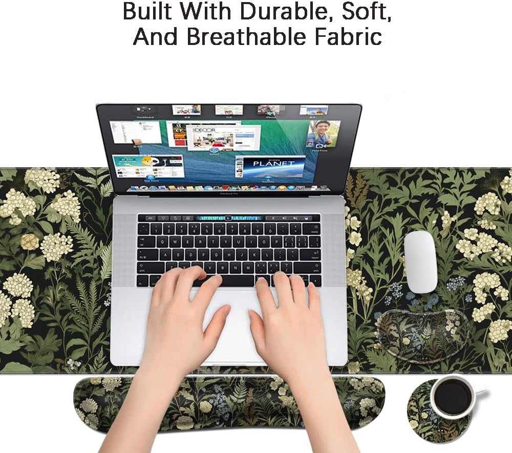 Desk Mat, Large Gaming Mouse Pad with Wrist Rest, 4 in1 XXL Mouse pad+Keyboard Wrist Rest+Mouse Pad Wrist Support+Cup Coaster Set, Ergonomic Desk Pad for Home Office,Weeds - Image 6
