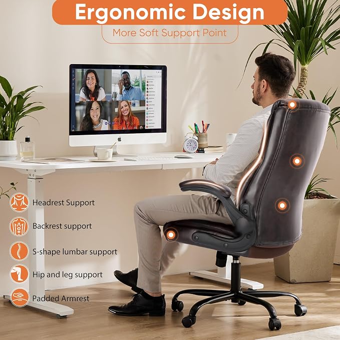 Sweetcrispy Heavy Duty Office Chair, Gaming Desk Chair 2 Pack | Flip-Up Arms, Adjustable Height, PU Leather Swivel Rolling Wheels, Dark Brown - Image 5
