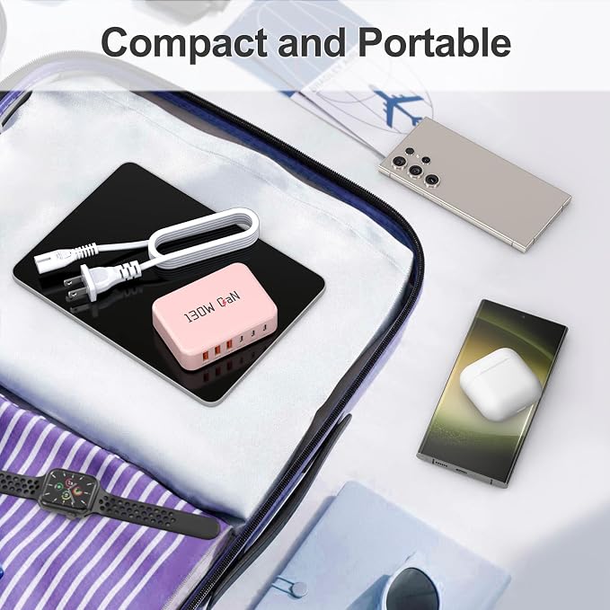 130W USB C Charger Block GaN 6 Port Fast USB C Charging Station for iPhone | Power Strip Adapter Plug for iPhone17 16 15 14 13 12 Pro Max/iPad/ iPad mini/Pro Galaxy S26/S25/S24/S23 5ft Power Cord-Pink - Image 7
