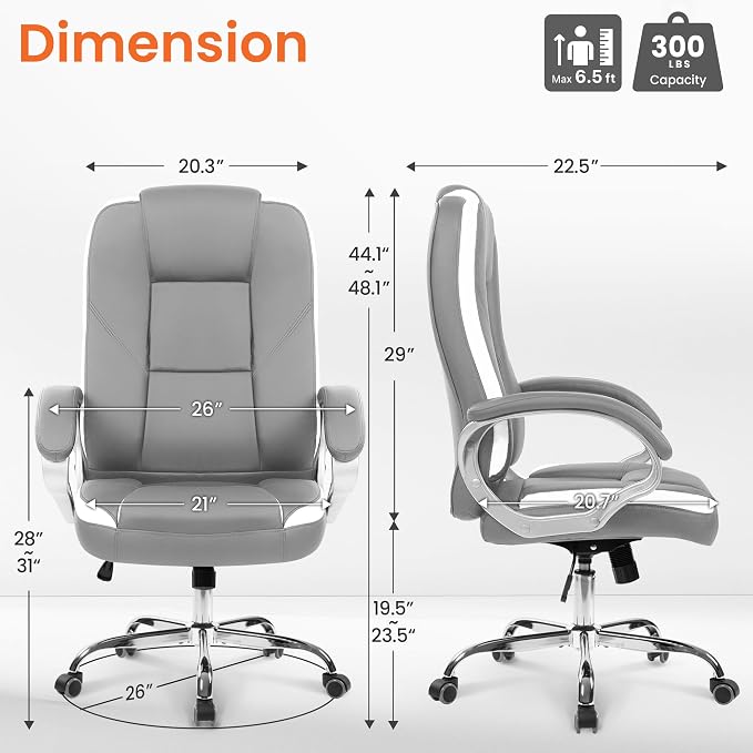 NEO CHAIR Office Desk Chair PU Leather Chair with Lumbar Support, Grey | Ergonomic High Back Executive Computer Chair, Comfortable Padded Fixed Armrests Swivel Chair with Wheels for Office/Home - Image 3