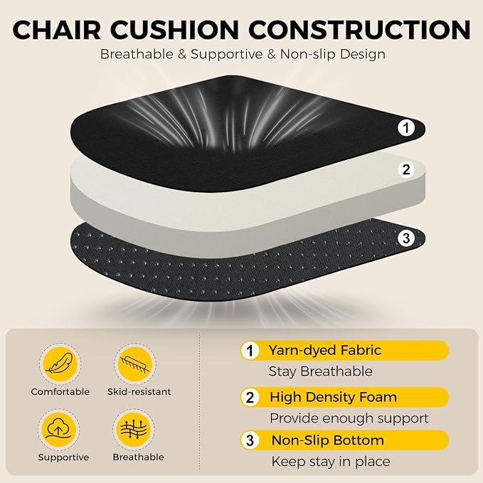 downluxe Indoor Chair Cushions for Dining Chairs, Soft and Comfortable Textured Foam Kitchen Chair Pads with Ties and Non-Slip Backing, 16" x 16" x 2", Black, 4 Pack - Image 3