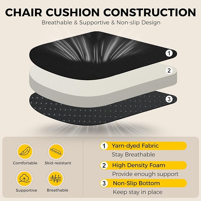 downluxe Indoor Chair Cushions for Dining Chairs, Soft and Comfortable Textured Foam Kitchen Chair Pads with Ties and Non-Slip Backing, 16" x 16" x 2", Black, 6 Pack - Image 3