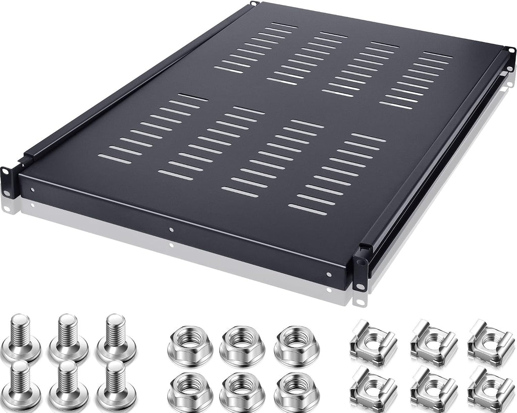 1U Adjustable Rack Mount Shelf Vented Server Rack Drawer 175 lbs 27.5 to 38 Inch Adjustable Mounting Depth Blanking Panel Kit Universal Tray for 19 Inch AV/Network Equipment, Black(1 Piece) by Hortsun