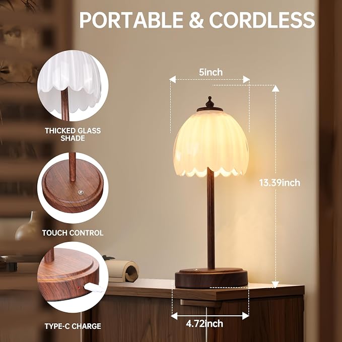 Shenmoyl Tulip Table Lamp with 5200mAh Battery & Touch Control, Small Cordless Table Lamp with 3 Colors, Rechargeable Battery Operated Table Lamps for Bedroom, Desk, Bedside (White-Walnut Color) - Image 6