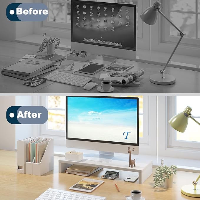TEAMIX 20 inch White Monitor Stand Riser, Wood Desktop Computer Stand | Fits Laptop, Printer, TV, PC Tower, Full Keyboard Storage Underneath, Ergonomic, Desk Organizer for Home Office Gaming Vanity - Image 6