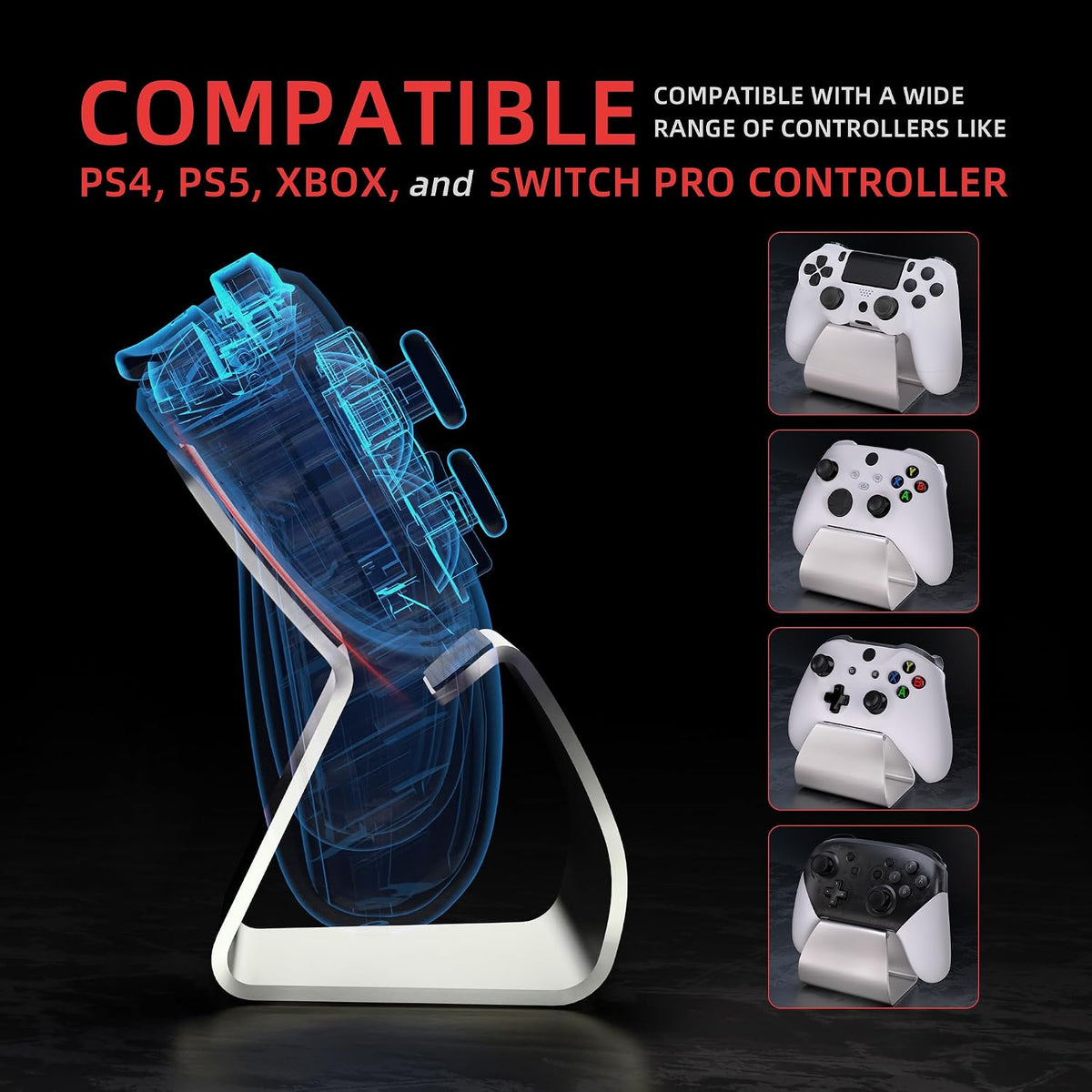 playvital 2 Pack Stand-AL Controller Stand for ps5, for ps4, Aluminium Metal Display Gamepad Holder for Xbox Series X/S, Xbox One, Switch 2 Pro, Universal Desktop Controller Supporter, Silver - Image 2